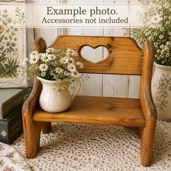 The Unbranded Brand Other - VTG Rustic Wooden Doll Bench Heart Cutout Country Folk Art Plant Stand Display